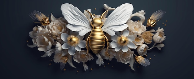 There is a gold bee with white flowers and gold leaves generative ai