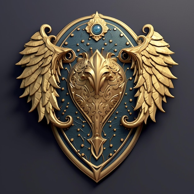 There is a gold and blue shield with two wings on it generative ai