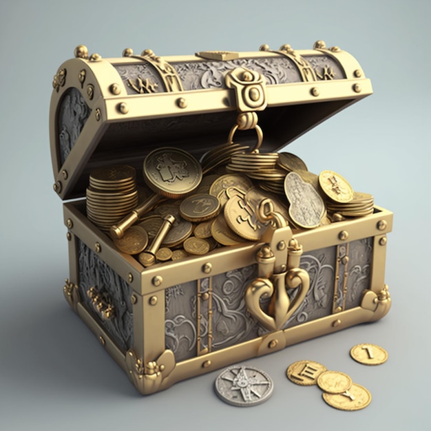 There is a gold chest with coins and keys in it generative ai