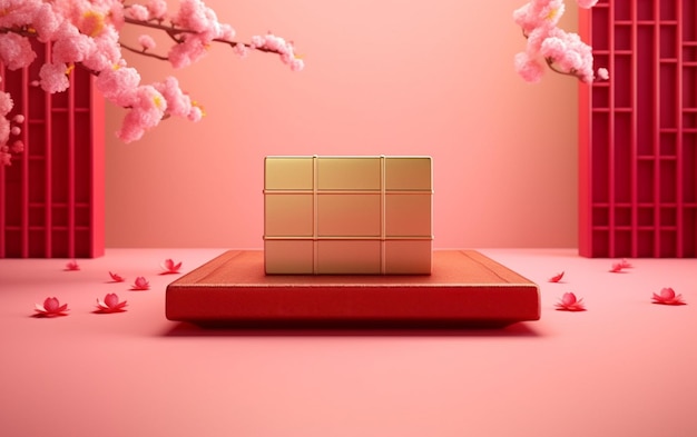 There is a gold cube on a red platform with pink flowers generative ai