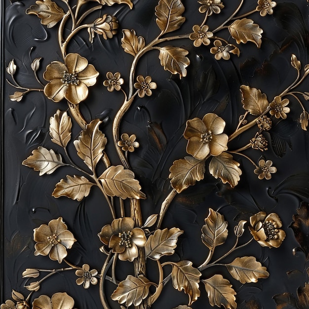 there is a gold flower on a black background with leaves generative ai