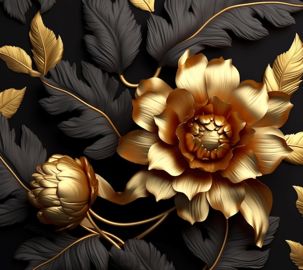 There is a gold flower with leaves on a black background generative ai