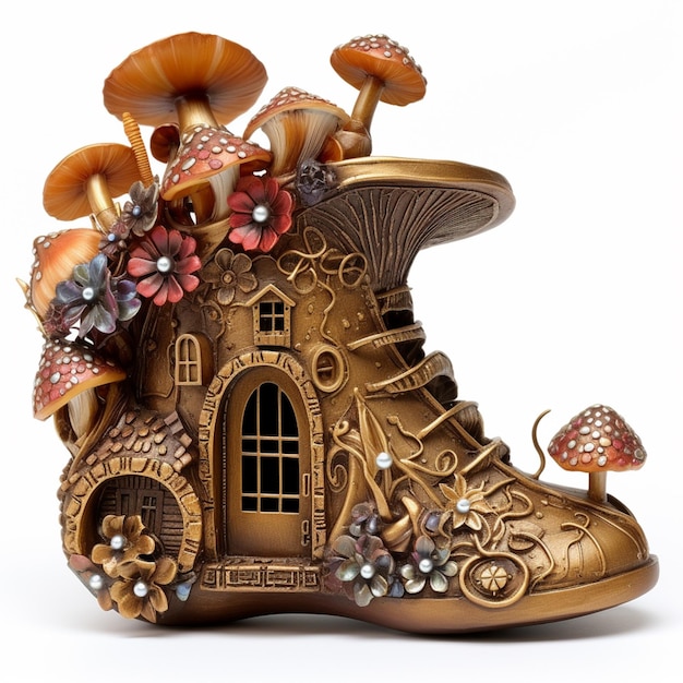 there is a gold shoe with mushrooms and a house on it generative ai