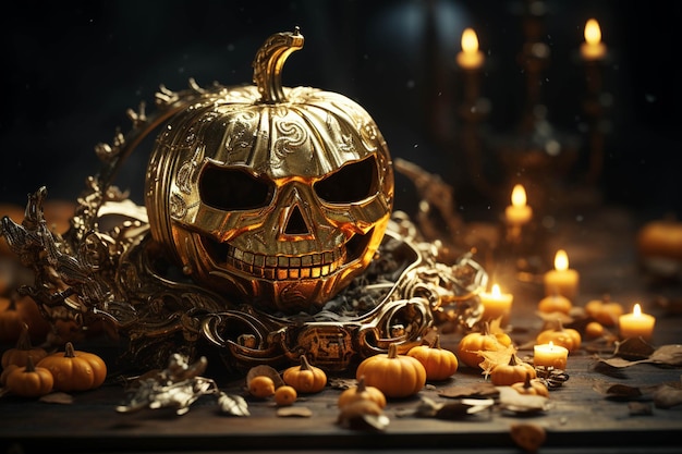 There is a gold skull and a candle on a table generative ai