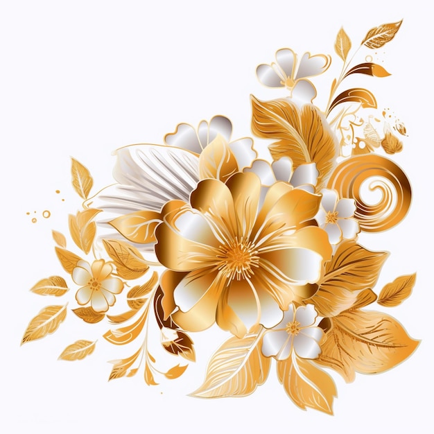 there is a gold and white flower arrangement on a white background generative ai