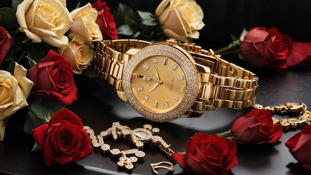 There is a gold wristwatch with diamonds surrounding the face The watch is laying on a black surfac