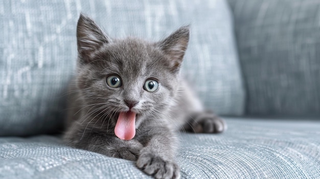 Photo there is a gray kitten that is laying on a couch generative ai