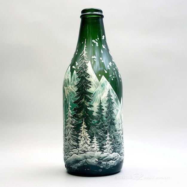 there is a green bottle with a picture of a snowy forest generative ai