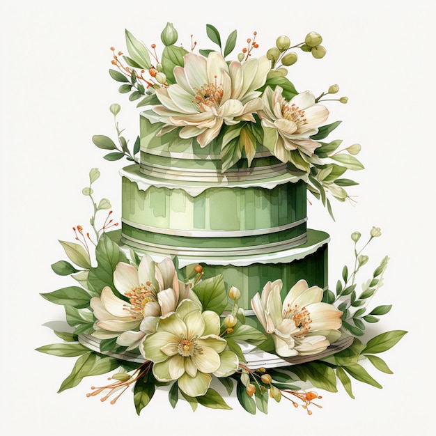 there is a green cake with flowers on top of it generative ai