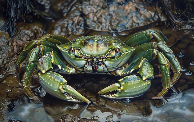 there is a green crab that is sitting on the rocks generative ai