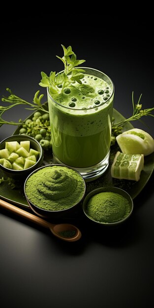 There is a green drink with a spoon and some other ingredients generative ai