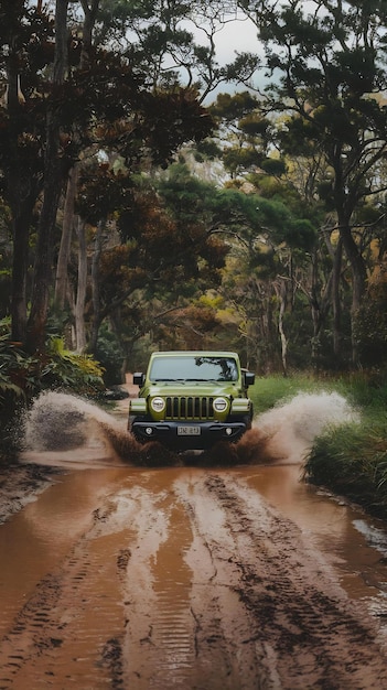 There is a green jeep driving down a dirt road in the woods