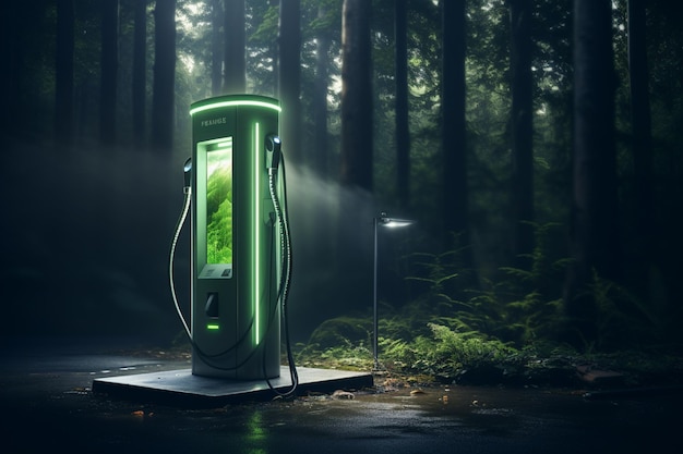 There is a green phone that is sitting in the middle of the forest generative ai