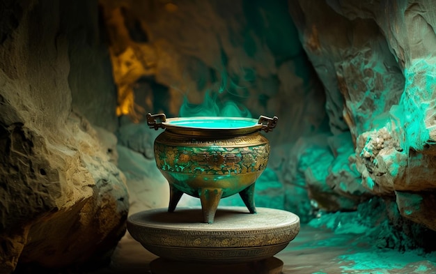 there is a green pot sitting on a pedestal in a cave generative ai