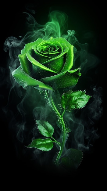 There is a green rose with smoke coming out of it generative ai