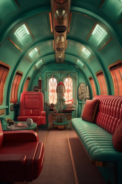 There is a green train car with red seats and a red couch generative ai