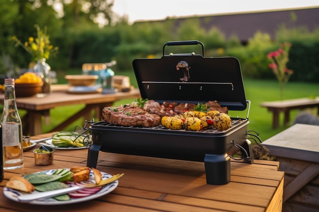 There is a grill with meat and vegetables on it on a table generative ai