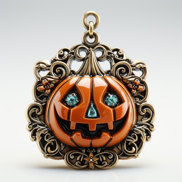 there is a halloween pumpkin pendant with a face on it generative ai