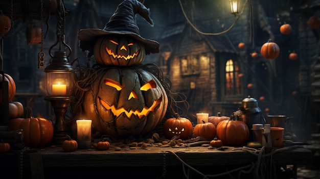 There is a halloween pumpkin with a witch hat on it generative ai