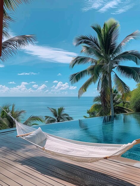 Photo there is a hammock on the deck of a resort with a view of the ocean generative ai