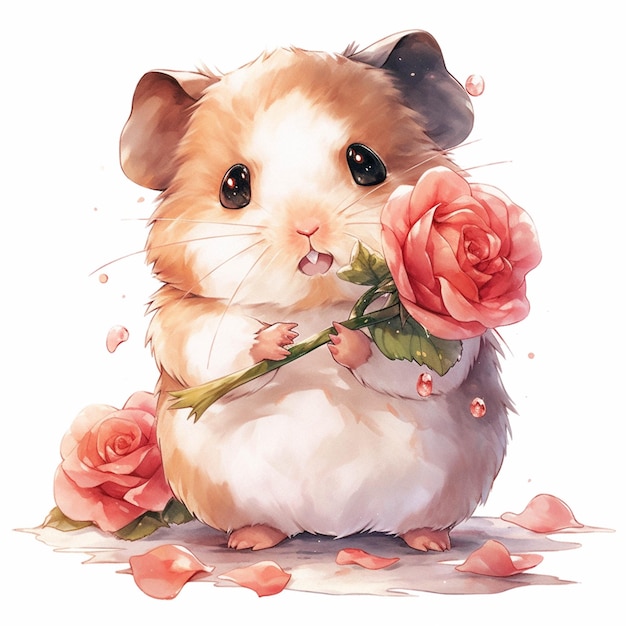 There is a hamster that is holding a rose in its mouth generative ai