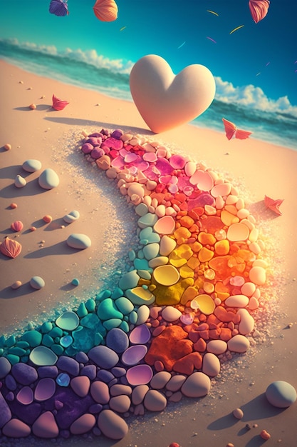 There is a heart made out of flowers on the beach generative ai