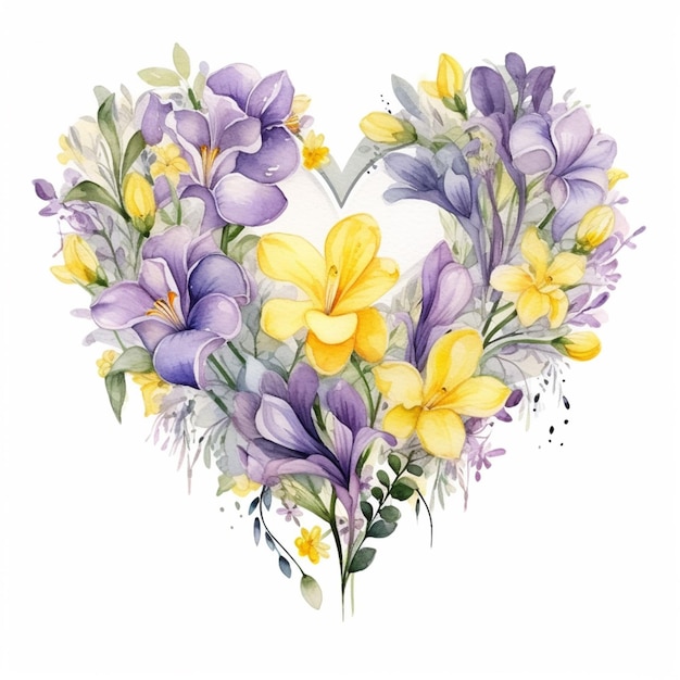 There is a heart shaped arrangement of flowers painted in watercolor generative ai