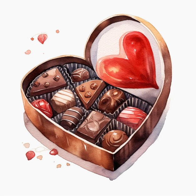 There is a heart shaped box of chocolates with a red heart generative ai