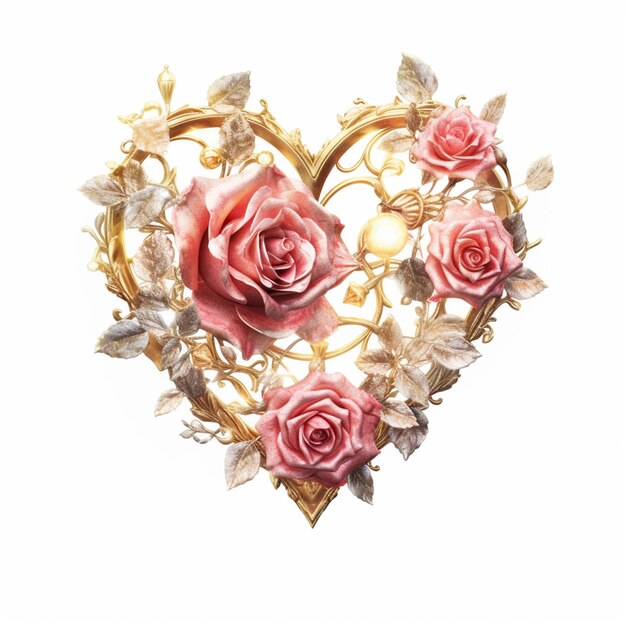 there is a heart shaped brooch with roses and leaves generative ai