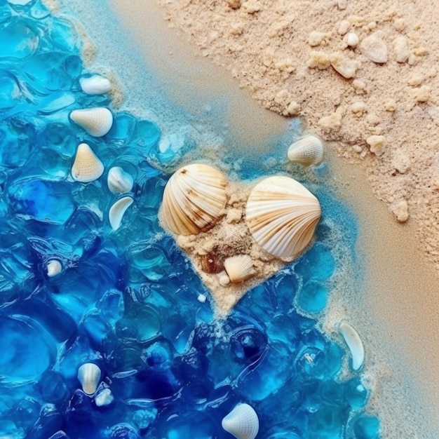 there is a heart shaped shell on the sand and water generative ai