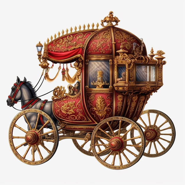 There is a horse drawn carriage with a red and gold cover generative ai