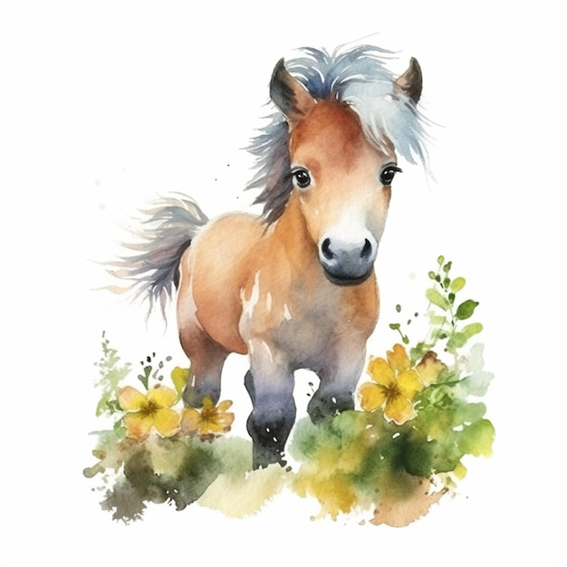 There is a horse that is standing in the grass with flowers generative ai