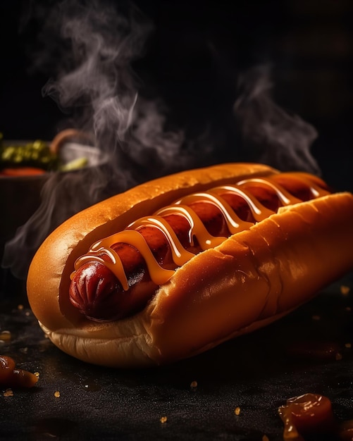 there is a hot dog with mustard and ketchup on it generative ai