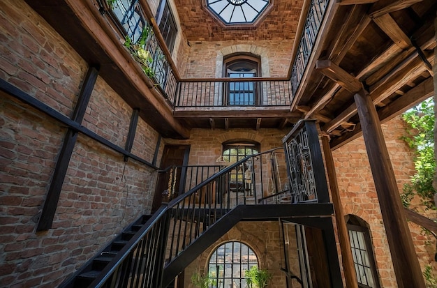 There is a house with a staircase and a tower with a clock on it