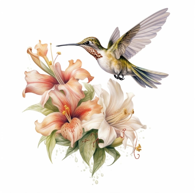 there is a hummingbird flying over a flower with a white background generative ai