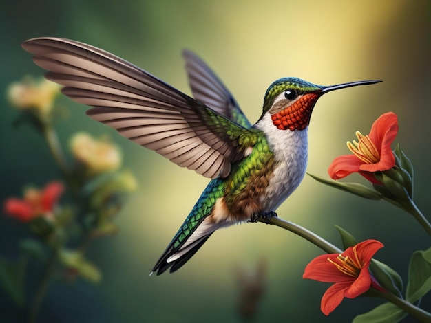 There is a hummingbird that is sitting on a flower