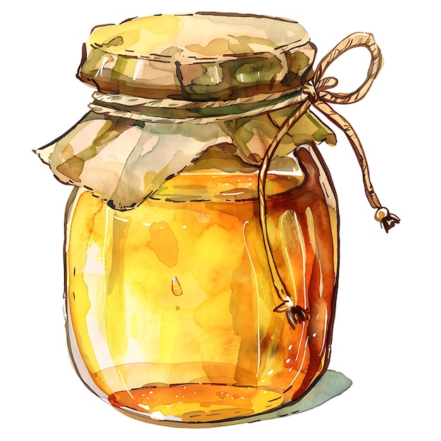 Photo there is a jar of honey with a lid and a string