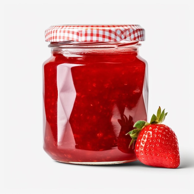 There is a jar of jam with a strawberry on the side generative ai