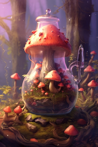 There is a jar with mushrooms inside of it in the woods generative ai