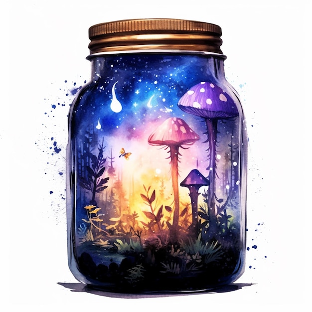 There is a jar with a picture of a mushroom and a bird inside generative ai