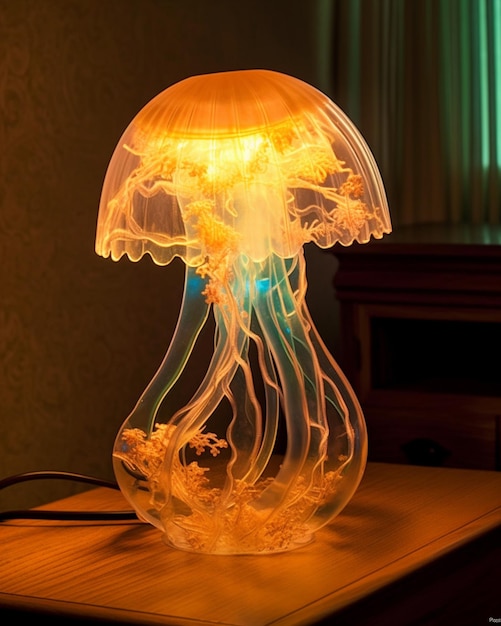 there is a jellyfish lamp that is glowing on a table generative ai