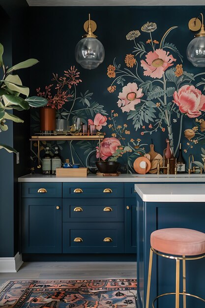 Photo there is a kitchen with a blue cabinet and a floral wallpaper