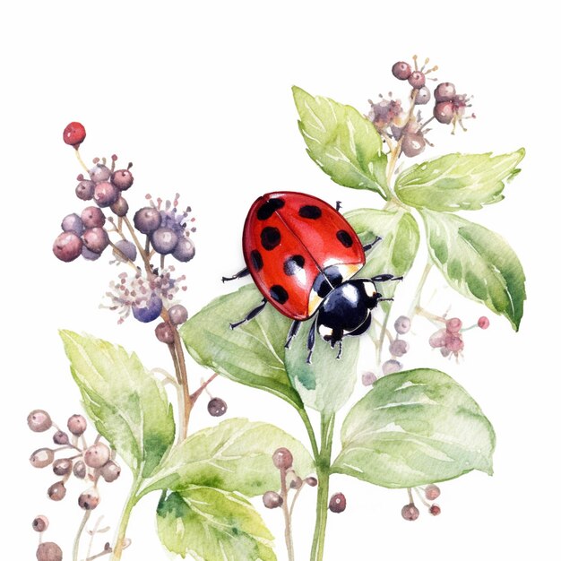 There is a ladybug sitting on a leaf with berries generative ai