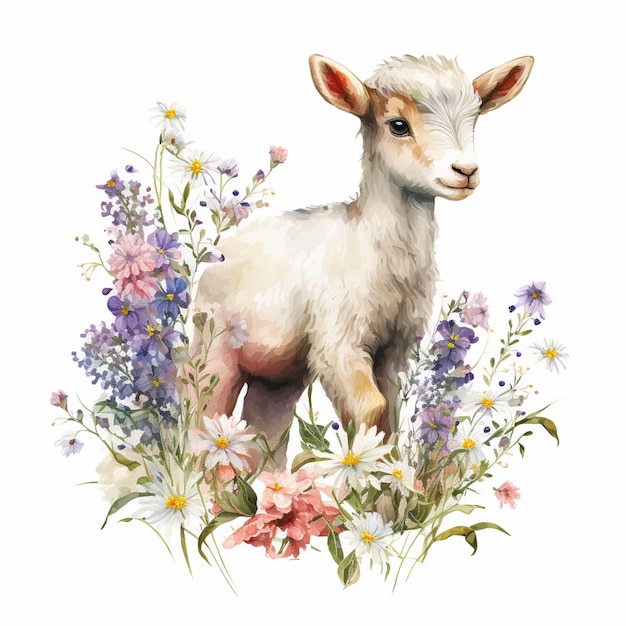 There is a lamb standing in a field of flowers with a white background generative ai