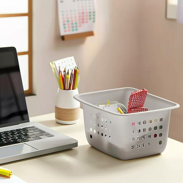 Photo there is a laptop computer sitting on a desk with a basket of pens generative ai