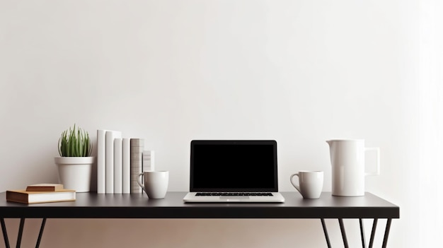 There is a laptop computer sitting on a table with a lot of books generative ai