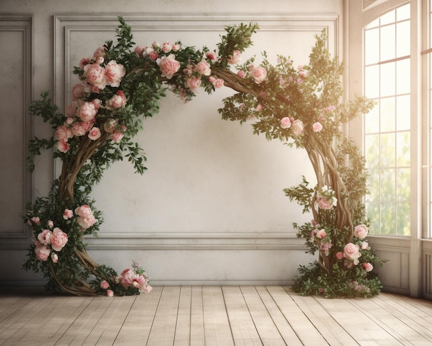 There is a large arch of flowers in a room generative ai