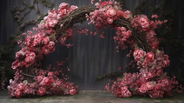 There is a large archway made of flowers on a dark background generative ai