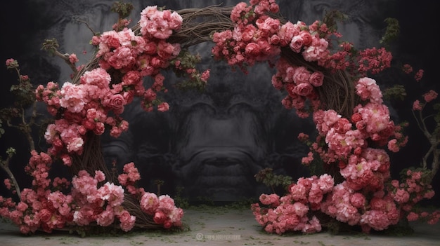 There is a large archway made of flowers with a face in the background generative ai