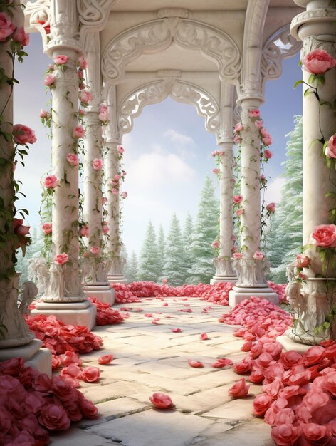 there is a large archway with pink roses on the ground generative ai